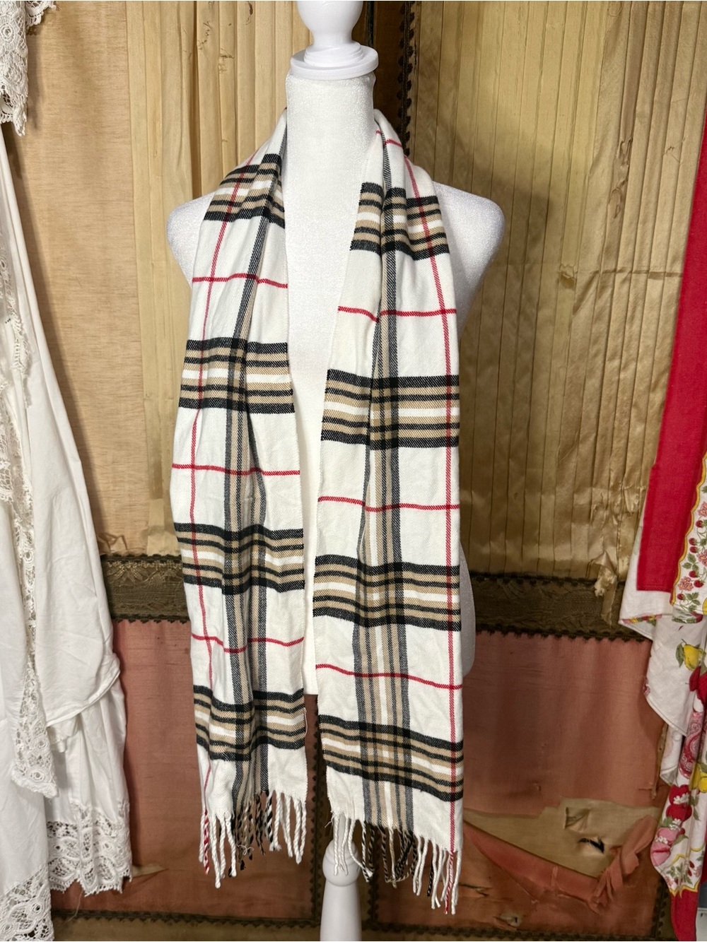 Classic Plaid Fringe Cashmere Scarf in White, Beige, Black & Red